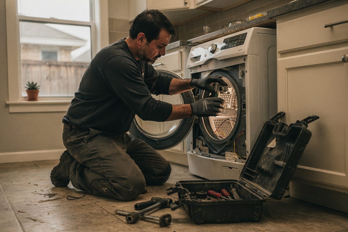 Technician repairing an open washing machine in a customer's kitchen