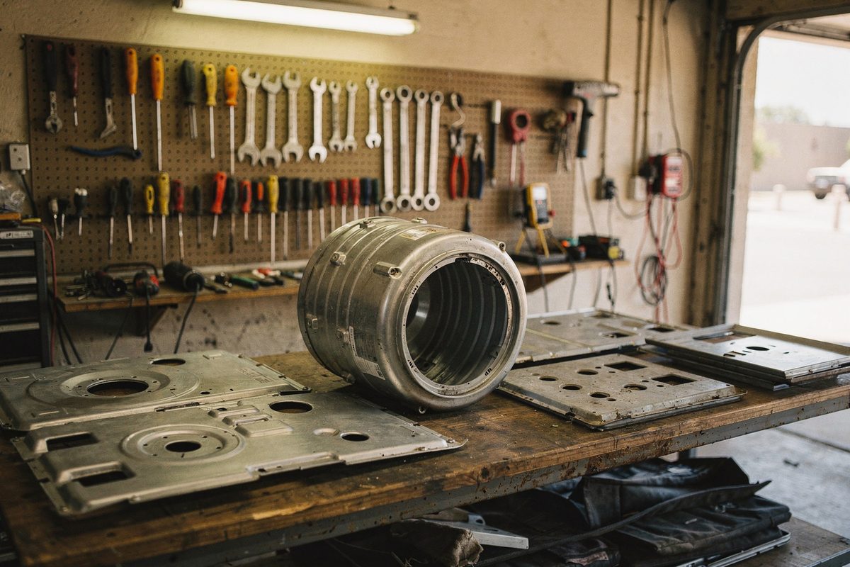 Workshop bench with a disassembled dryer laid out for repair